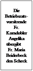 Textfeld: Die Betriebsrats-vorsitzende Fr. Korndobler Angelika �bergibt&nbsp;&nbsp;&nbsp;&nbsp;&nbsp; Fr. Maria Beiderbeck den Scheck
